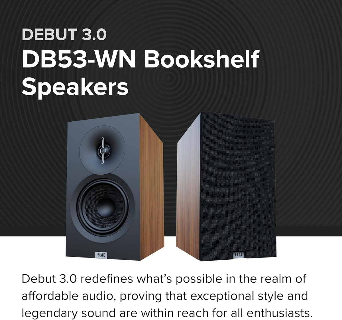 ELAC Debut 3.0 DB53-WN Bookshelf Speakers, Walnut (Pair) - 1” Aluminum Dome Tweeter & 5.25” Aramid Fiber Woofer - 2-Way Bass Reflex - 48Hz to 38KHz Response