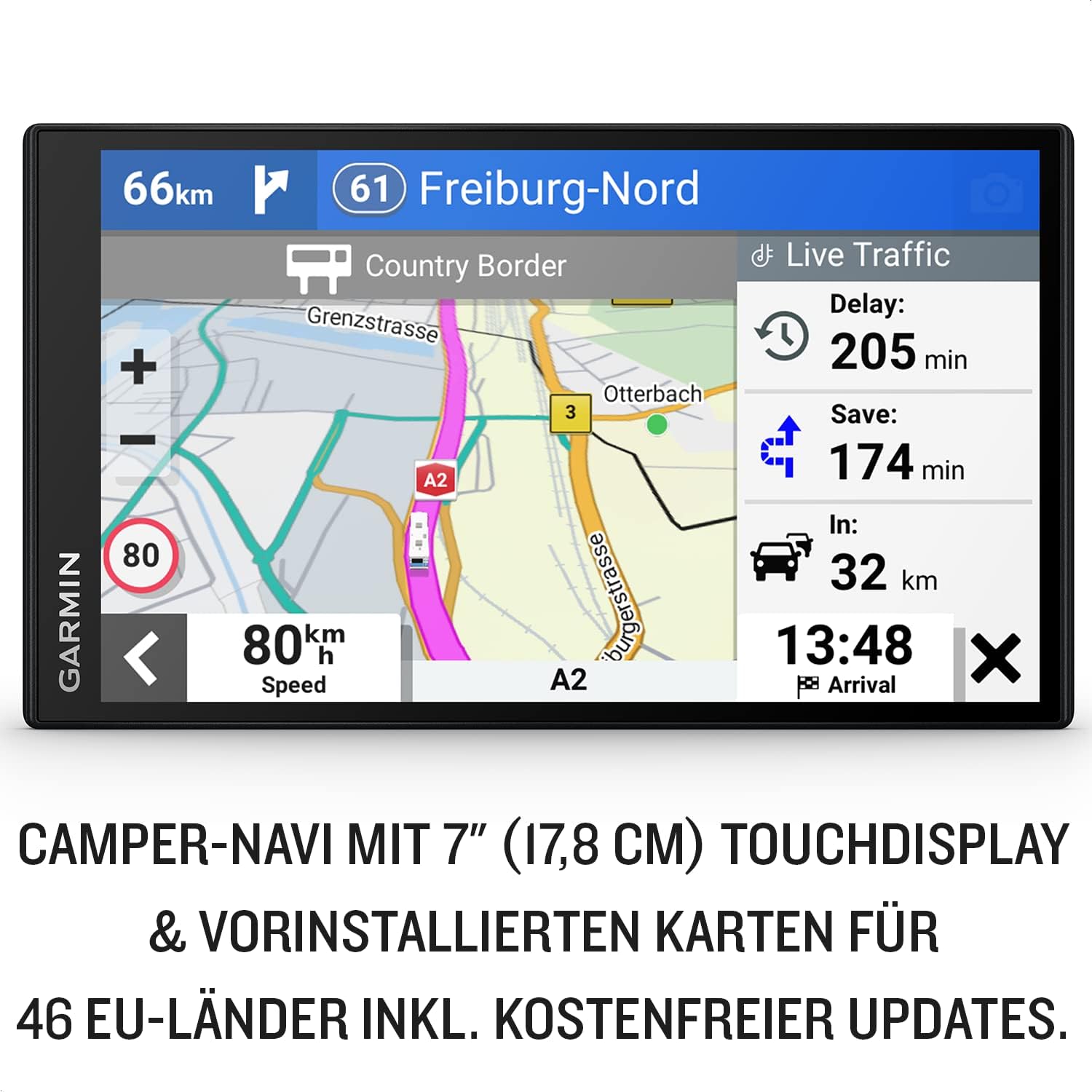 Garmin Camper 795 MT-D EU - Navigation Device Display for Motorhomes/Caravans, Pre-Installed 3D Maps for Europe and South Africa, Real Time Traffic Info, Campsite Database, 7 Inch