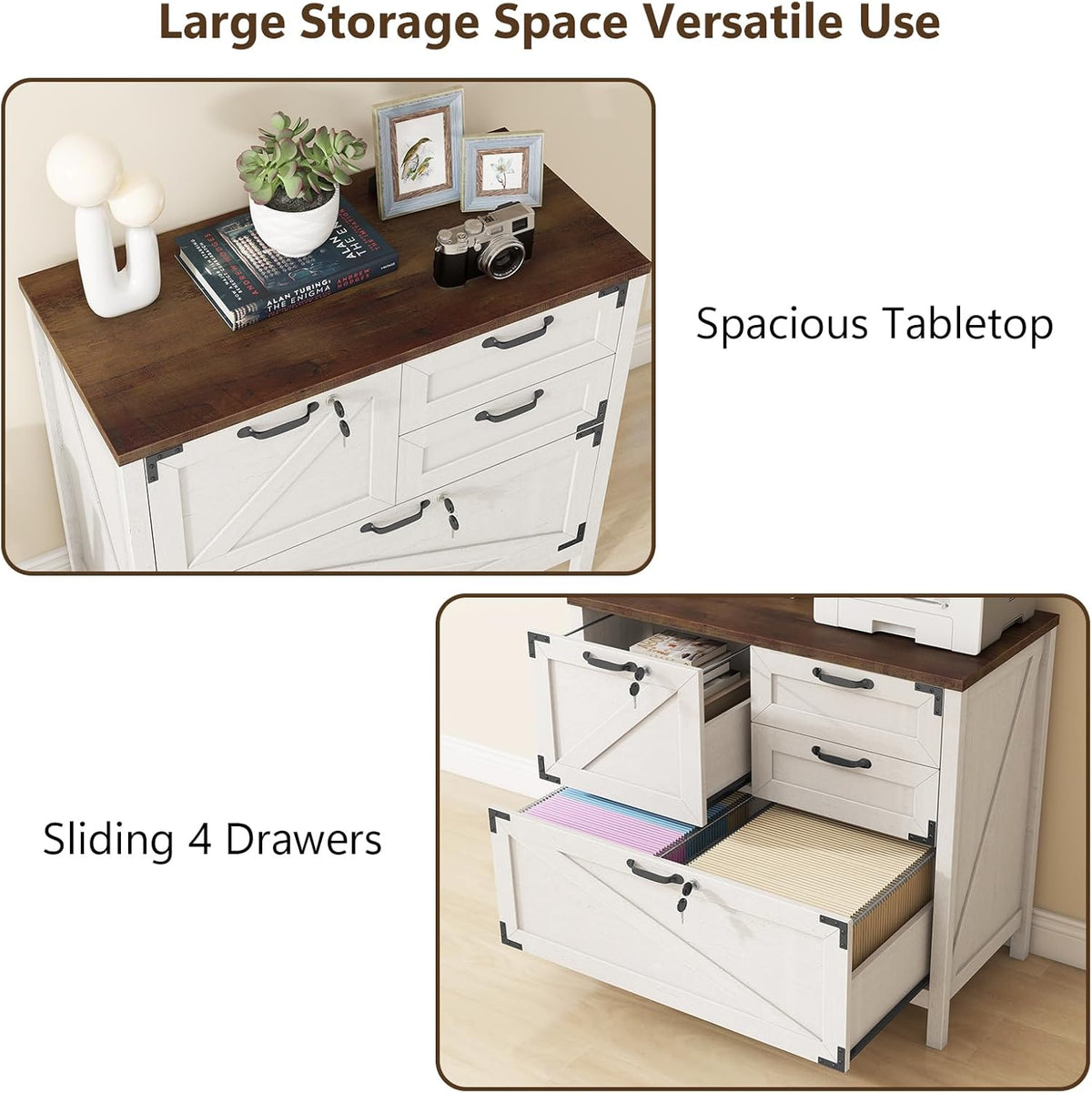 Halitaa Lateral File Cabinet with 4 Drawers, Farmhouse File Cabinet for Letter/Legal/A4 Size Hanging Files, Large Wood File Storage Cabinets Printer Stand for Home Office Cabinets, White with Lock