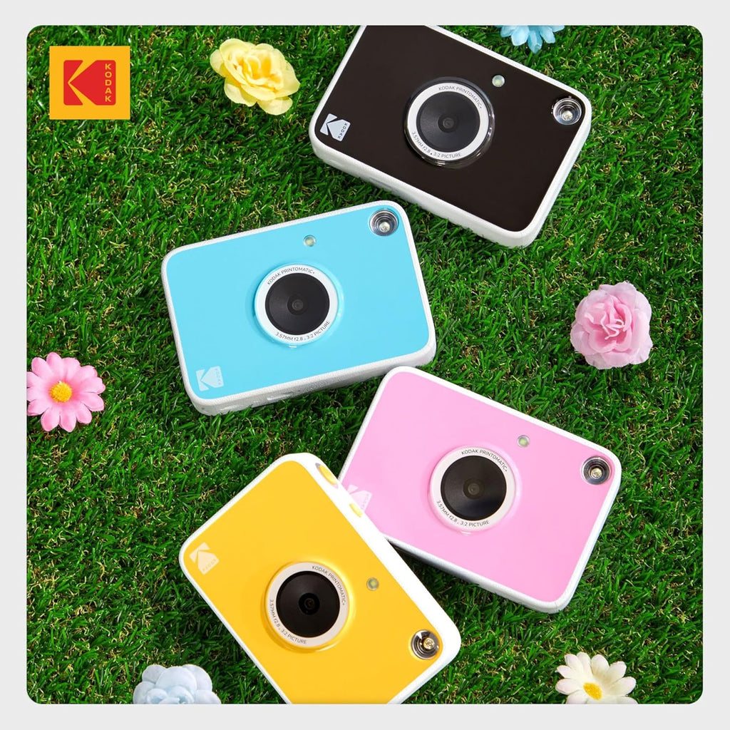 Kodak Printomatic+ Instant Print Digital Camera Starter Bundle + Carrying Case + Zink 20pk Sticky-Back Photo Paper - 10MP, Full-Color Photos, GB LED Status Indicator - Black