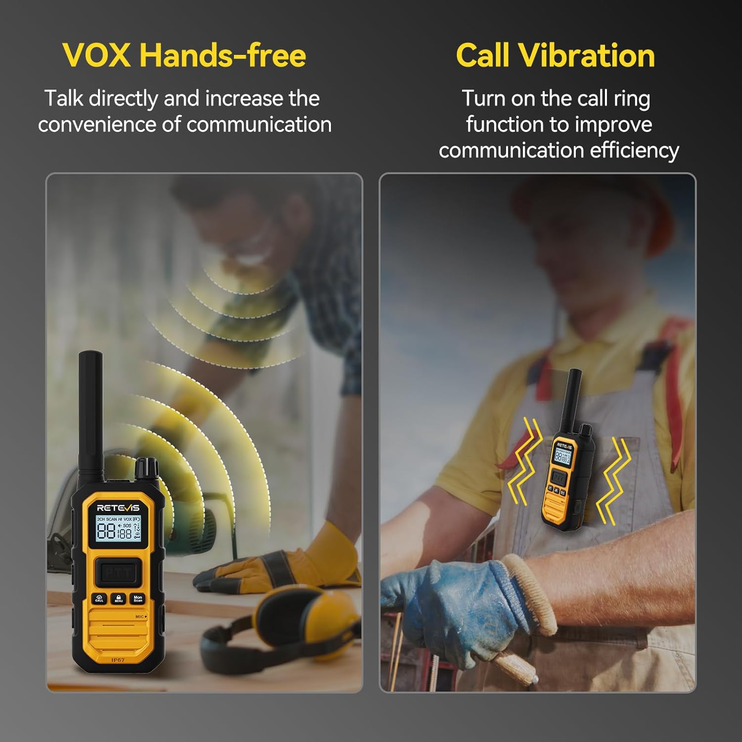 Retevis RB48 Plus IP67 Waterproof Heavy Duty Long Range Walkie Talkies, GMRS Radio, Construction Jobsite Two Way Radio, NOAA, Shock Resistant, Dual PTT, Emergency, Vibration Reminder(4 Pack)
