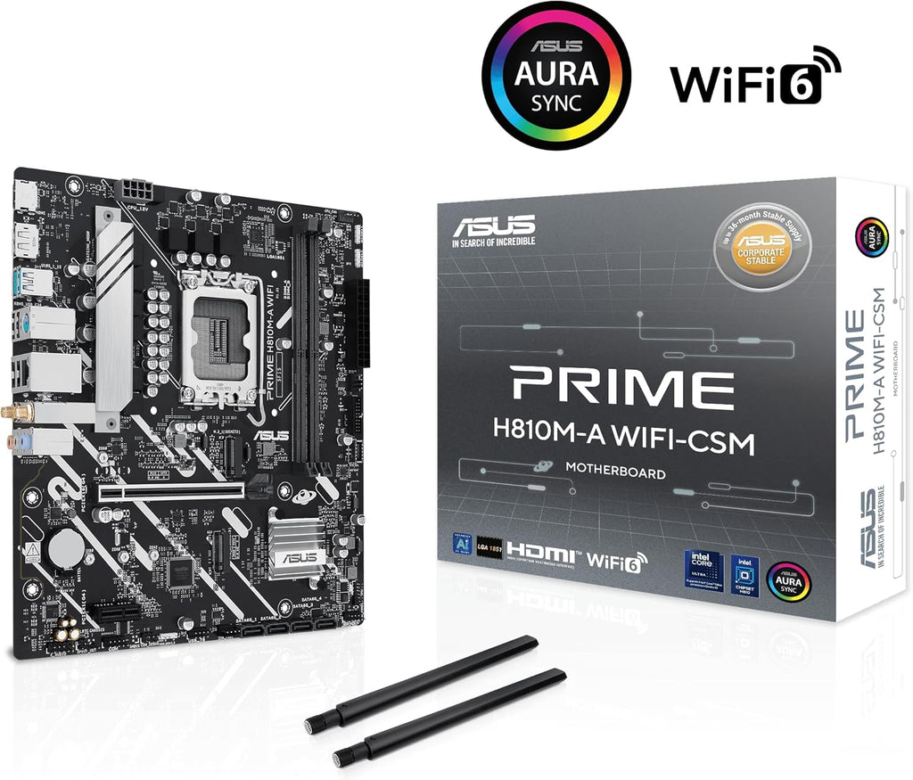 ASUS Prime H810M-A WiFi-CSM Intel® H810 LGA 1851 mATX Motherboard, 6+1+1+1 Discrete MOS, DDR5, PCIe 4.0, 2X M.2, Intel® 1Gb Ethernet, Wi-Fi 6, DisplayPort, HDMI™, USB 10Gbps, Front USB 5Gbps Type-C®
