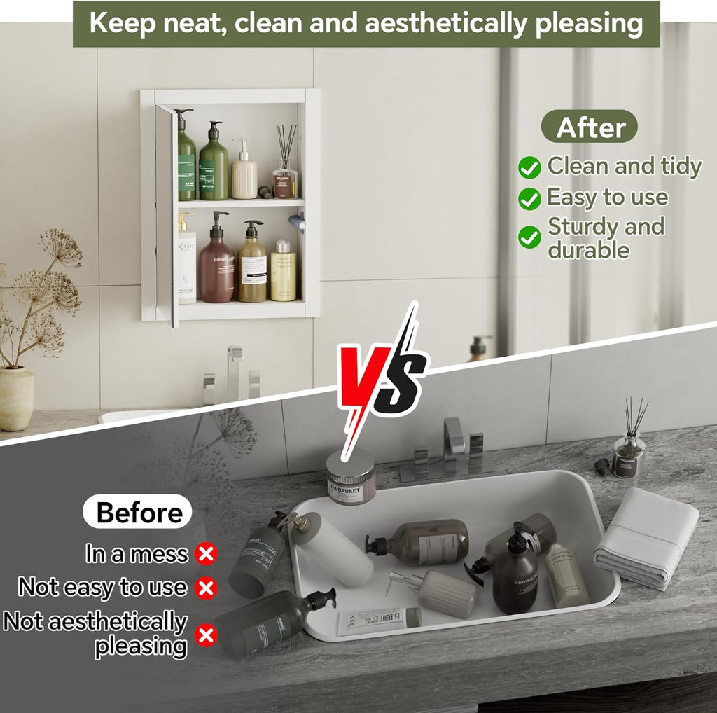 14'' * 18'' Recessed Medicine Cabinet with Mirror, 2-Tier Bathroom Wall Niche Wood Insert for Drywall, in Wall Shelf Medicine Cabinets Replacement, for Living Room, Bathroom Storage, White