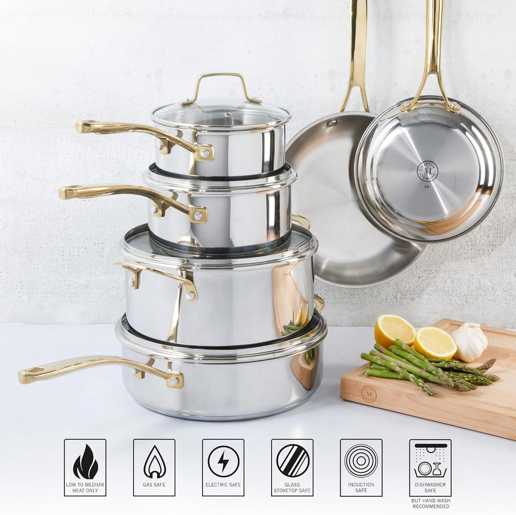 Martha Stewart Castelle 10 Piece 18/8 Durable Stainless Steel Induction Safe Pots and Pans Non-Toxic Kitchen Cookware Set - Gold Handles - Dishwasher Safe