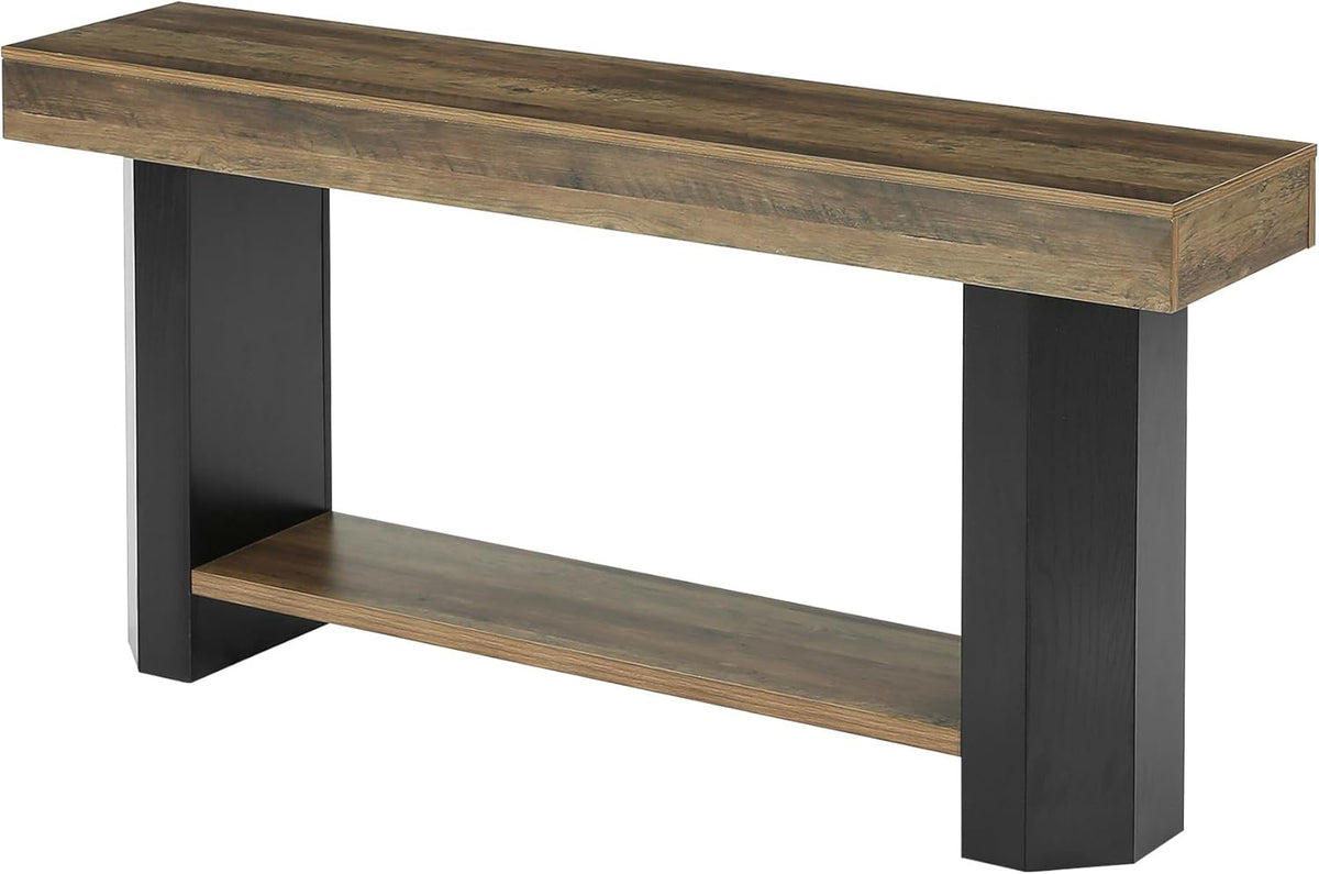 LITTLE TREE 63 in Console Table, 2 Tier Sofa Table Behind Couch, Long Console Sofa Tables for Living Room, Industrial Hallway Foyer Table for Entryway, Rustic Brown & Black