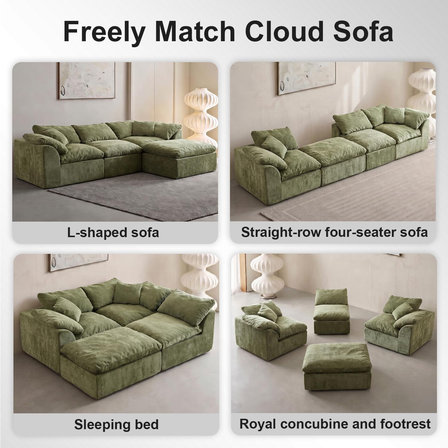 Oversized Cloud Couch Sectional Sofa for Living Room, Modular L Shaped Boneless Chenille Sofa with Chaise Lounge, Deep Seat Convertible Couch, Compressed No Assembly Floor Sofa(Green)