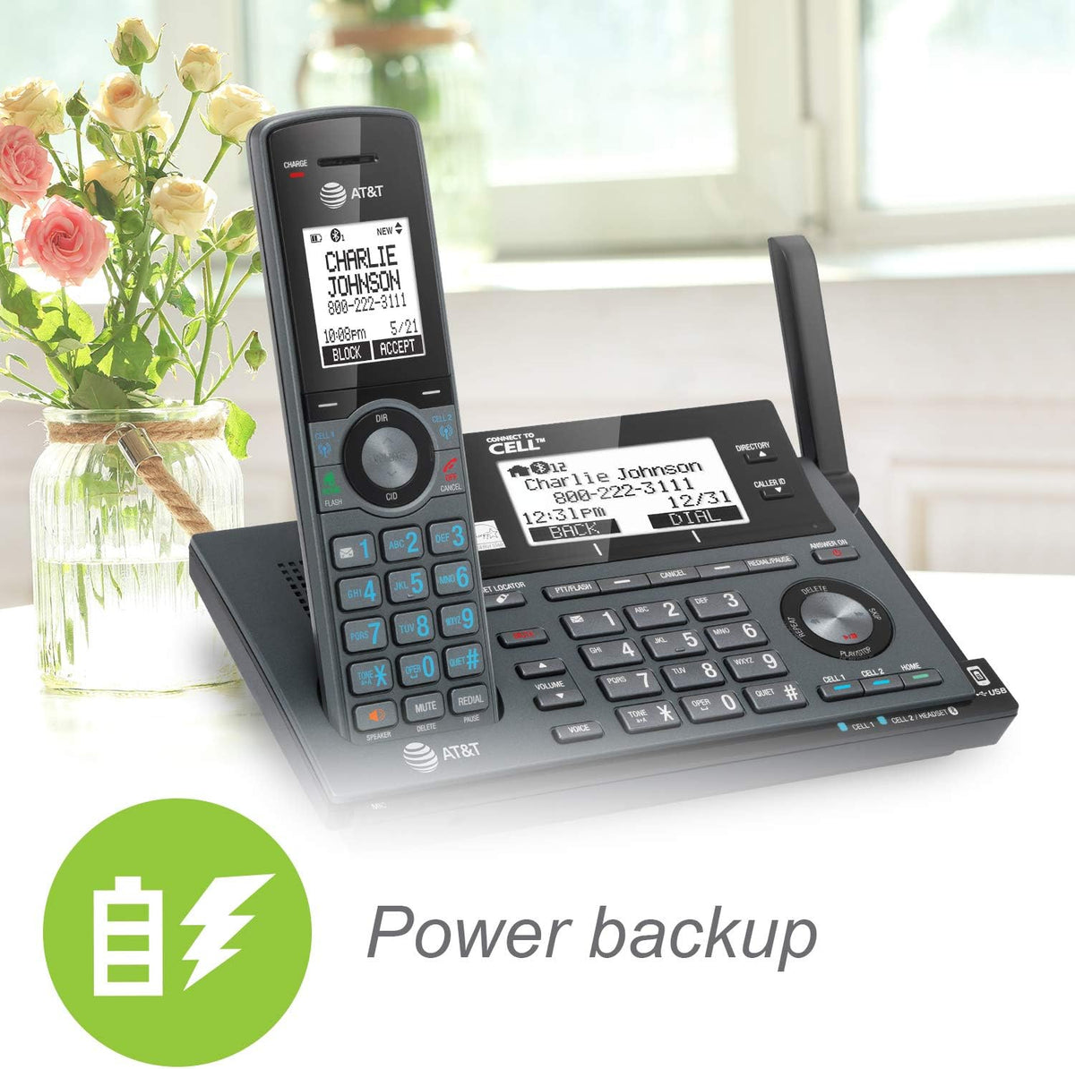 AT&T CLP99387 DECT 6.0 Expandable Cordless Phone with Bluetooth Connect to Cell, Smart Call Blocker and Answering System, Metallic Blue with 3 Handsets