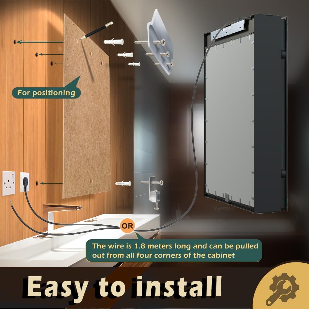KWW LED Lighted Bathroom Medicine Cabinet with Backlit Panel, Sockets & USBs. Anti-Fog, Dimmable, 3 Color Light Makeup Mirror, Easy to Install, Wall Mounted (Inner Glow-2 door-30 * 28)
