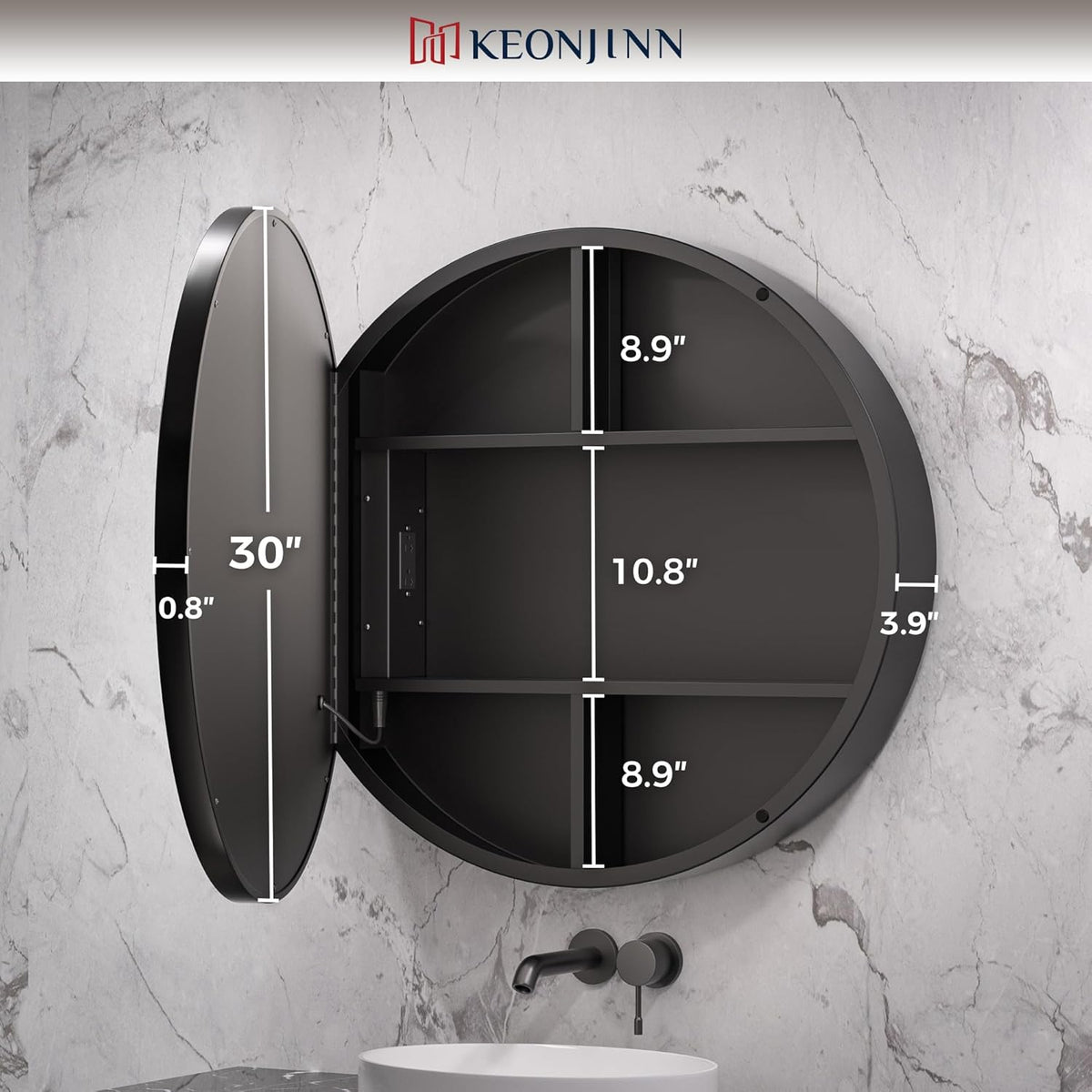Keonjinn 30 Inch Round Lighted Medicine Cabinet, Black LED Medicine Cabinet Mirror, Circle, Electrical Outlet, 3 Color Lights, Anti-Fog, Dimmable, Surface Mount Only
