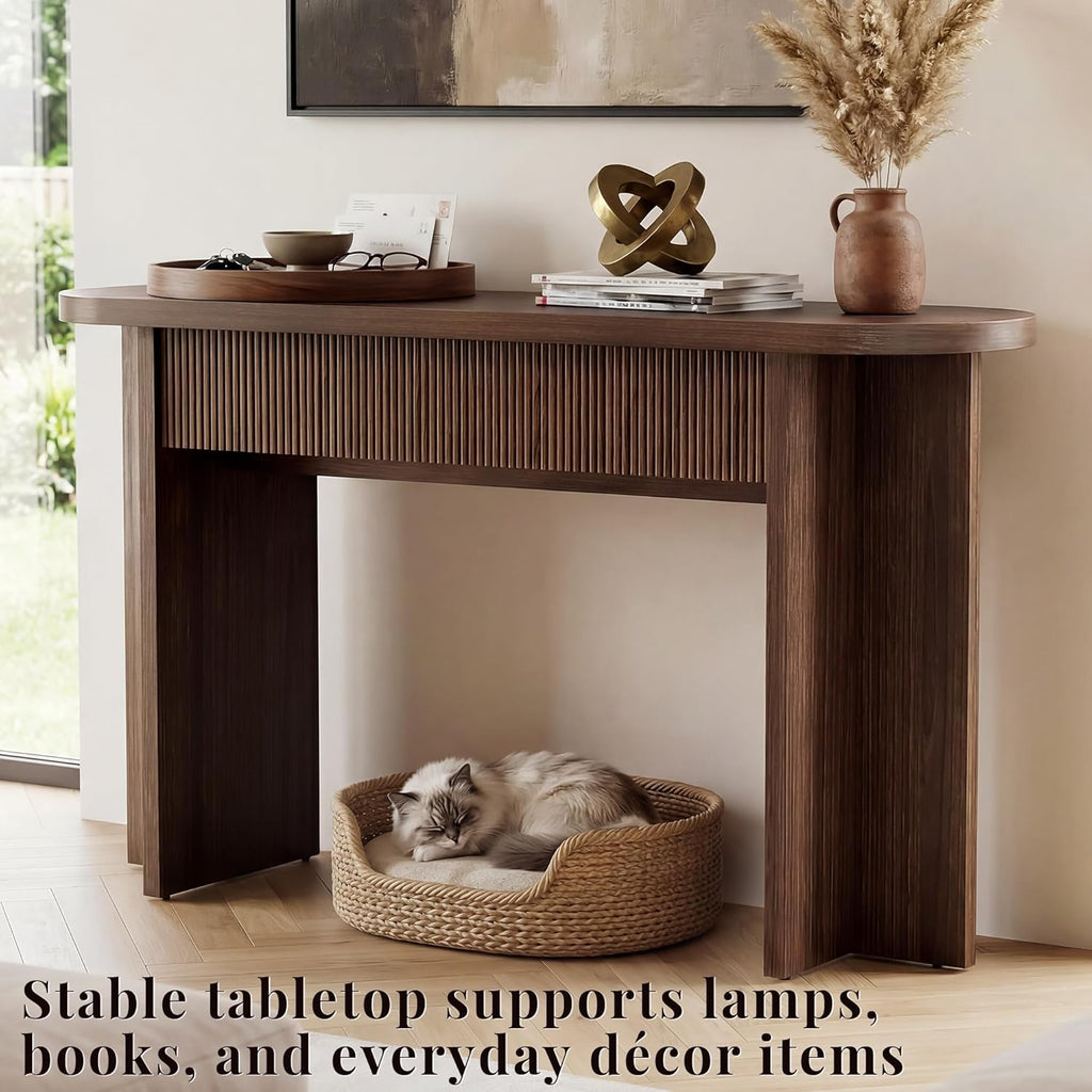 55 Inch Fluted Console Table with Drawers, Entryway Table with Storage, Modern Rounded Hallway Tables for Narrow Spaces（Brown）