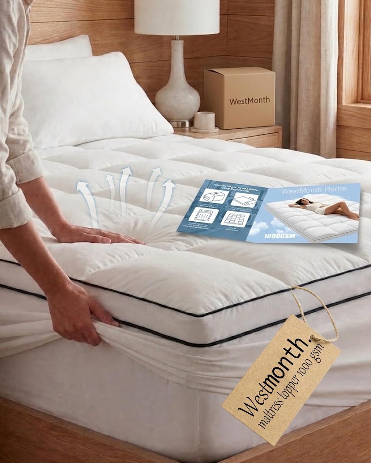 WestMonth Premium Quilted 1000GSM Luxury Extra Thick Mattress Topper with Deep Pocket (8-21") - Breathable & Fluffy Soft Cooling Bed Cover - Fits Standard Mattresses Perfectly (White, Queen)