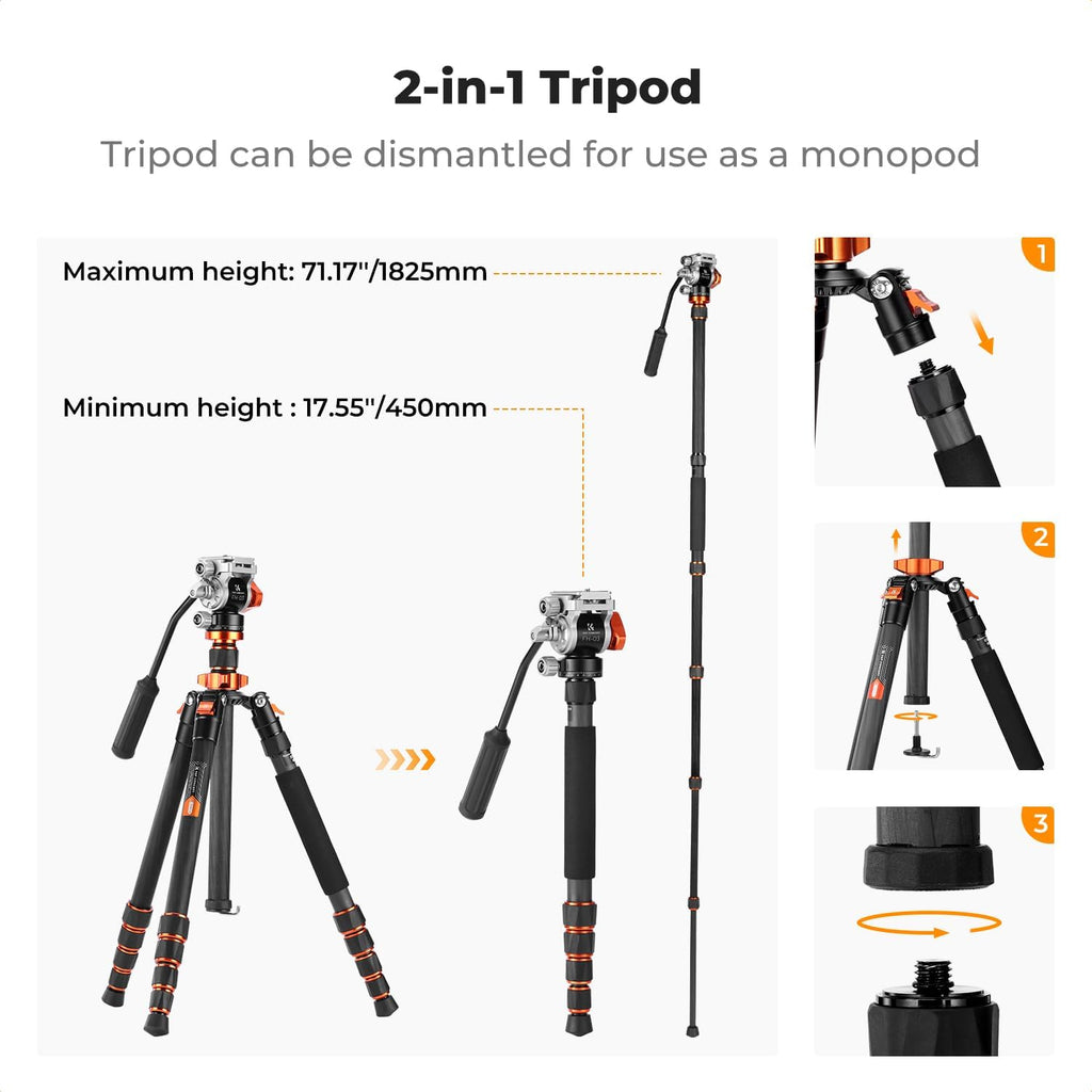 K&F CONCEPT Tripod for Camera .68'' Carbon Fiber Tripod with Fluid Head Max Load 11lb, Lightweight DSLR Camera Tripods & Monopods for Canon Sony Nikon.