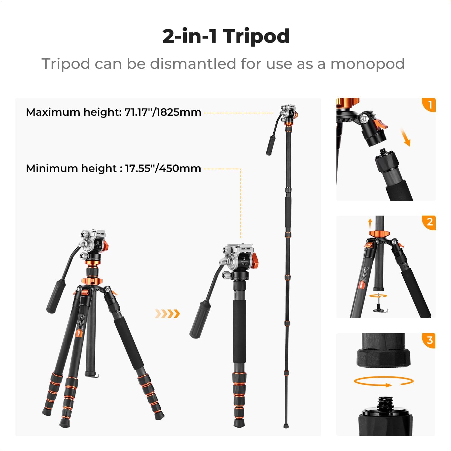 K&F CONCEPT Tripod for Camera .68'' Carbon Fiber Tripod with Fluid Head Max Load 11lb, Lightweight DSLR Camera Tripods & Monopods for Canon Sony Nikon.