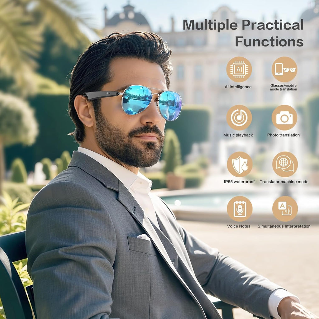 EarlySincere AI Smart Glasses, Smart Translation Glasses That Support 164 Language Translation, IP65 Waterproof Smart Sunglasses, Classic Aviator Sunglasses with Voice Assistant/AI Call/Chat GPT