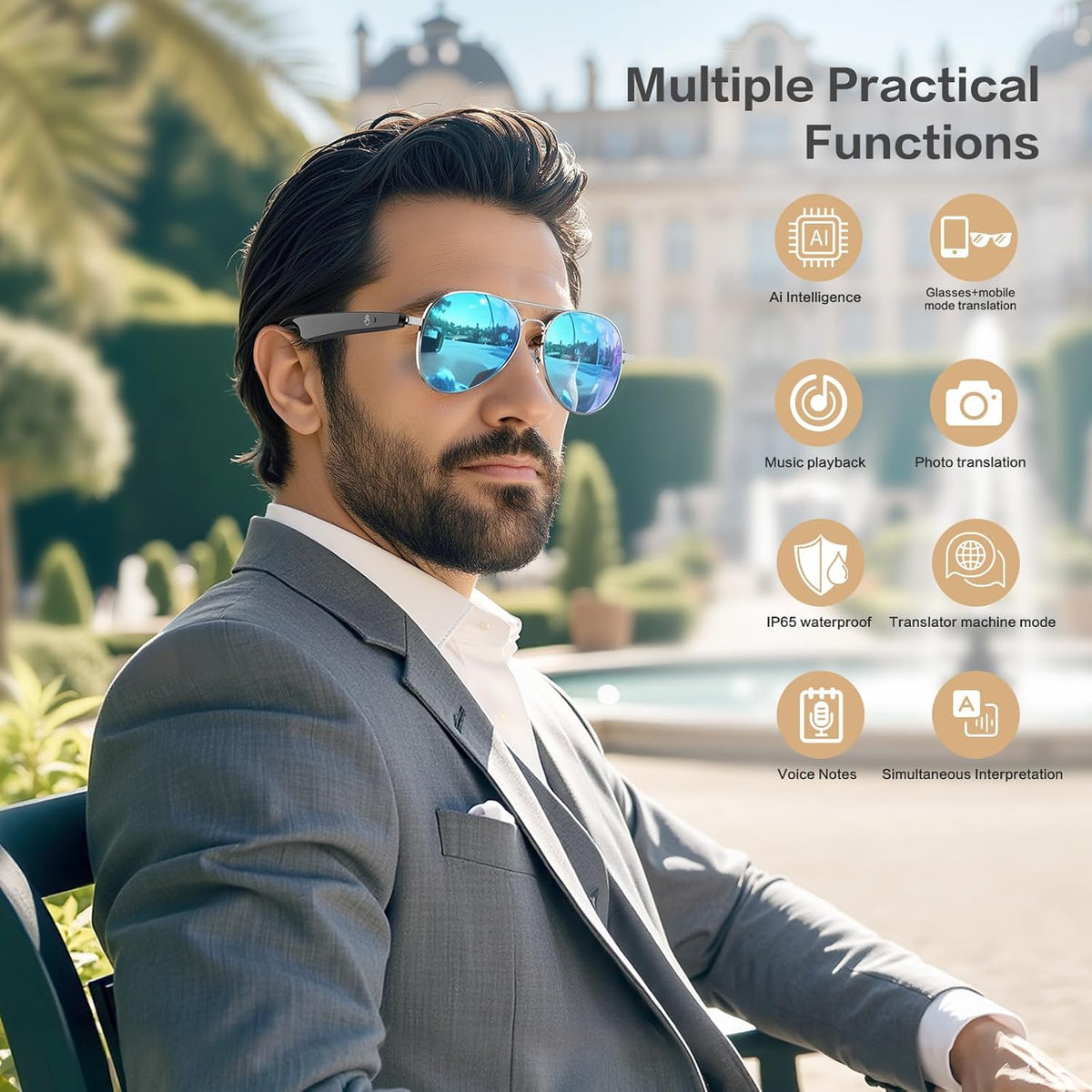 EarlySincere AI Smart Glasses, Smart Translation Glasses That Support 164 Language Translation, IP65 Waterproof Smart Sunglasses, Classic Aviator Sunglasses with Voice Assistant/AI Call/Chat GPT