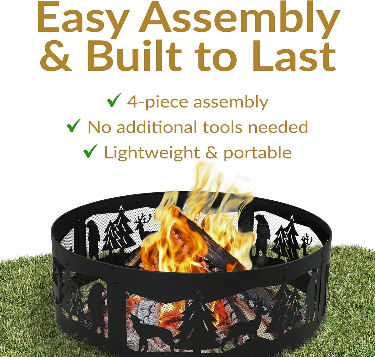 Sunnydaze 36-Inch Outdoor Fire Ring - Portable Metal Fire Pit Ring for Camping or Backyard - 360-Degree Wildlife Cutouts - Forest Wilderness