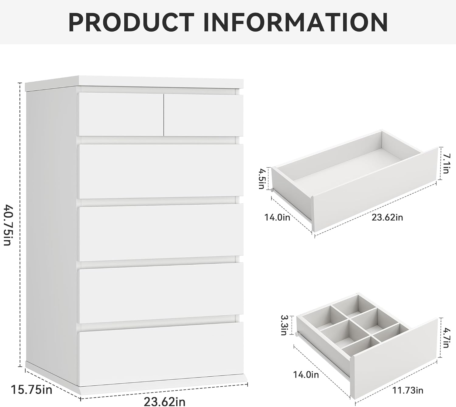 Jocoevol White Tall 6 Drawer Dresser for Bedroom,Dressers & Chests of Drawers with Jewelry Storage,Wood Storage Dresser with Deep Drawers for Living Room Hallway Entryway(40.75" L*23.62" W*15.75")