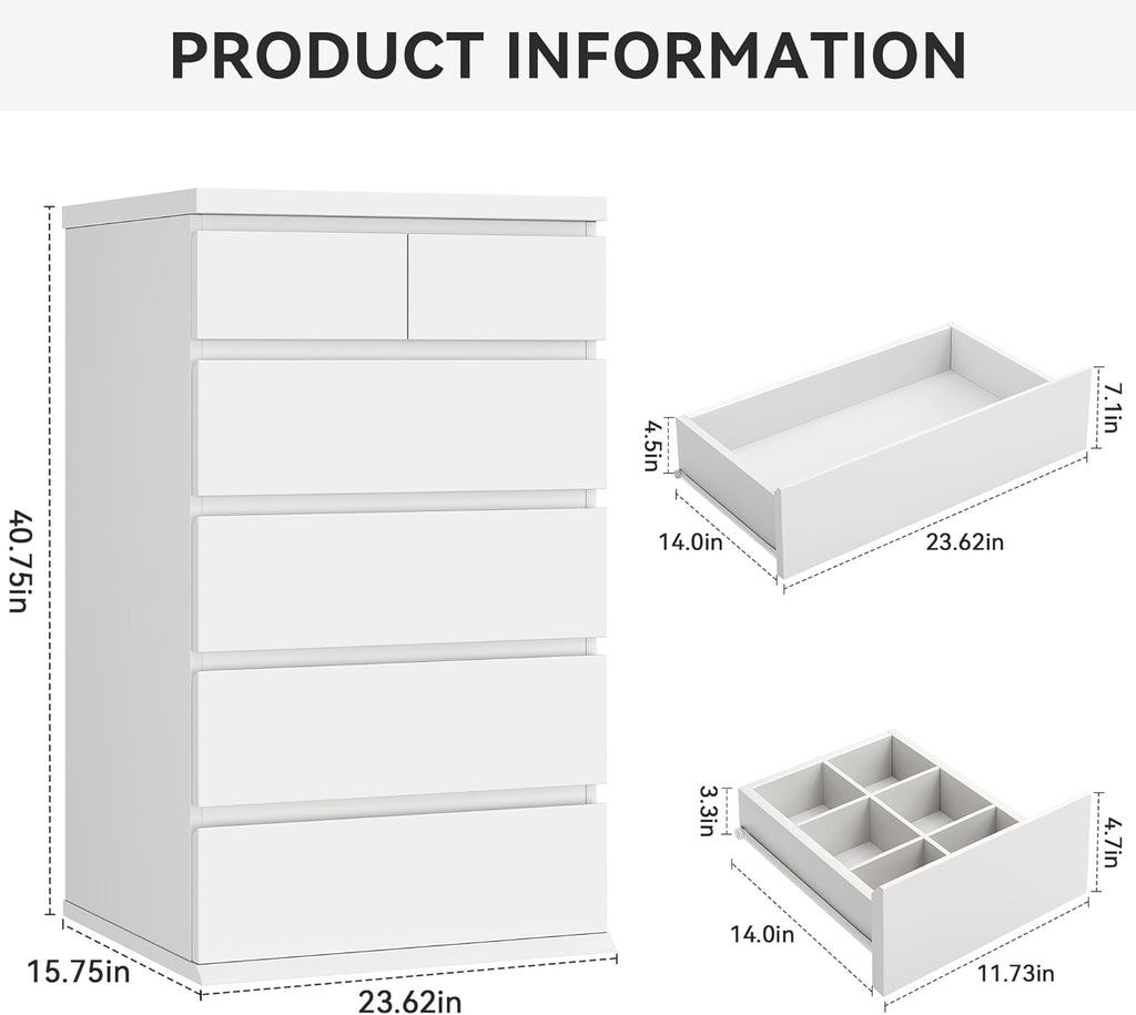 Jocoevol White Tall 6 Drawer Dresser for Bedroom,Dressers & Chests of Drawers with Jewelry Storage,Wood Storage Dresser with Deep Drawers for Living Room Hallway Entryway(40.75" L*23.62" W*15.75")