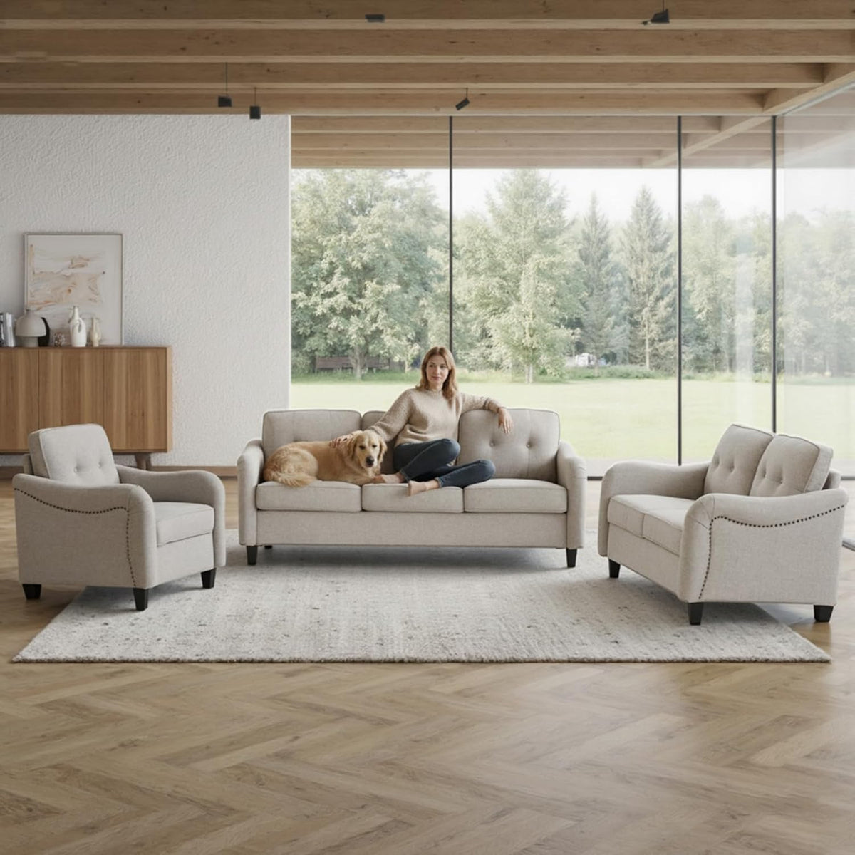 3 Piece Sofa and Loveseat Sets,Three Seat Sofa and Loveseat,Singel Armchair with Nail Head Trim Linen Upholstered with Tufted Back Cushions Curved Armrests Couches for Living Room Beige