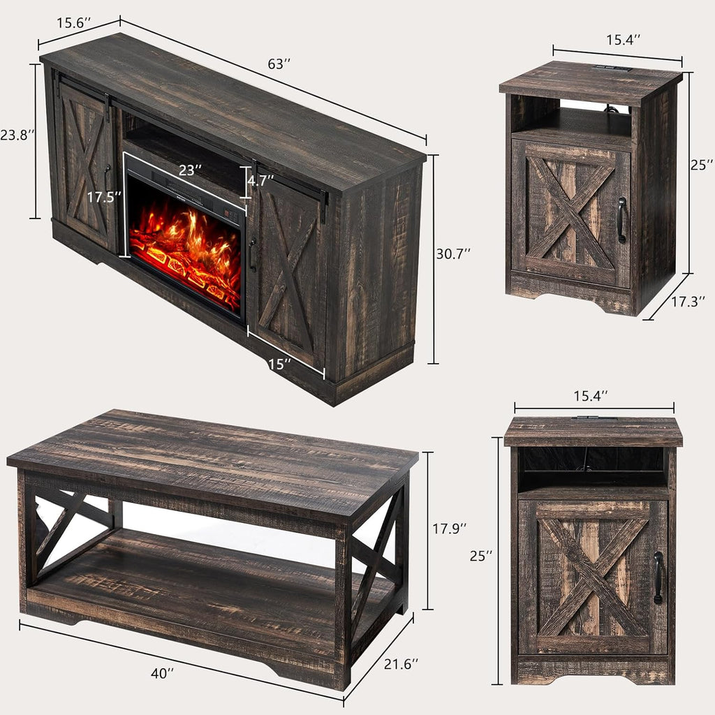 AMERLIFE 5-Piece Farmhouse Table Set Includes Fireplace TV Stand, Coffee Table& Two End Tables with Charging Station and USB Ports, for Living Room, Dark Oak, 63"