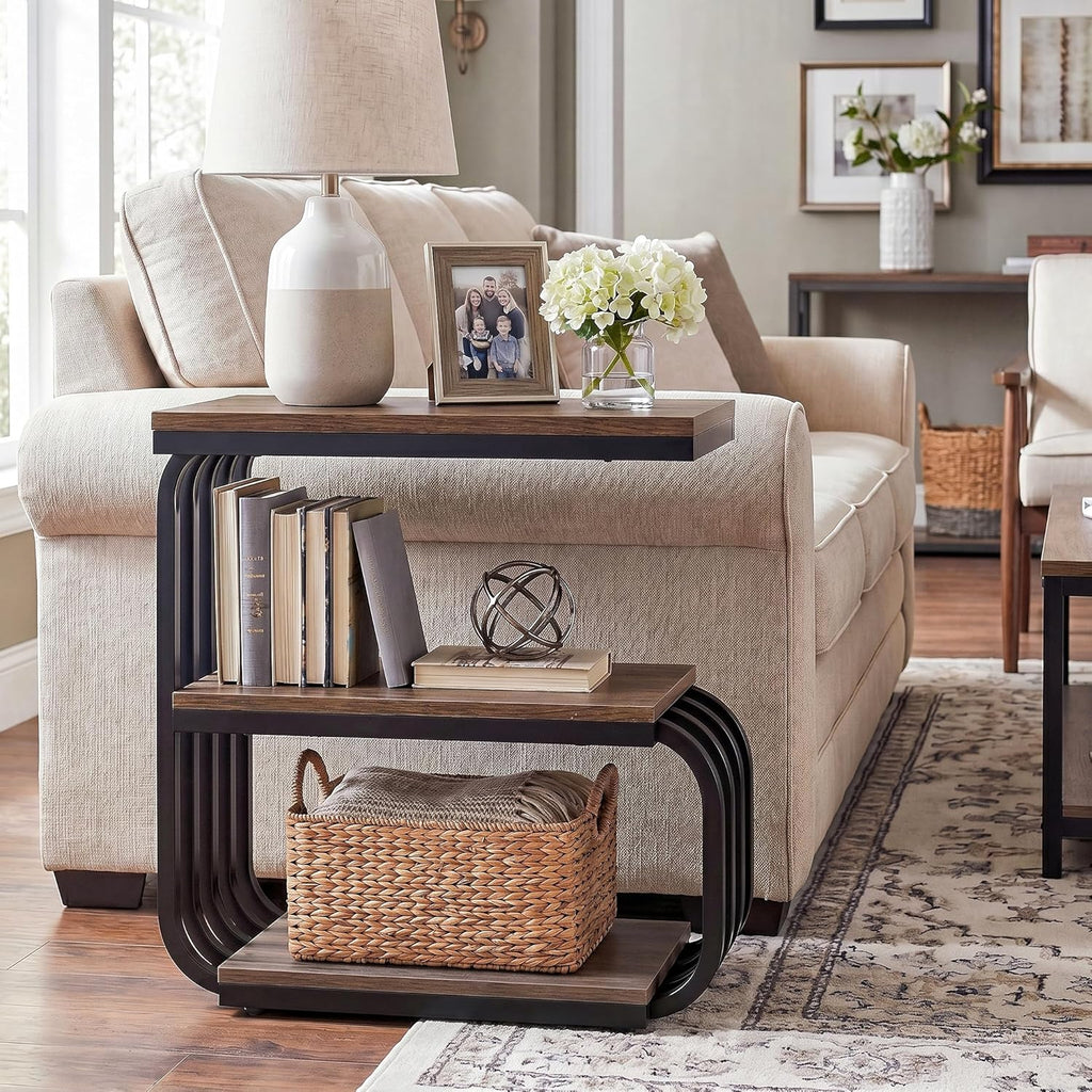 Tribesigns Small Narrow End Table with Storage Shelf, Industrial Side Tables with Curved Metal Frame, 3-Tier Accent Table and Nightstand for Living Room, Bedroom, Small Space (1, Brown)