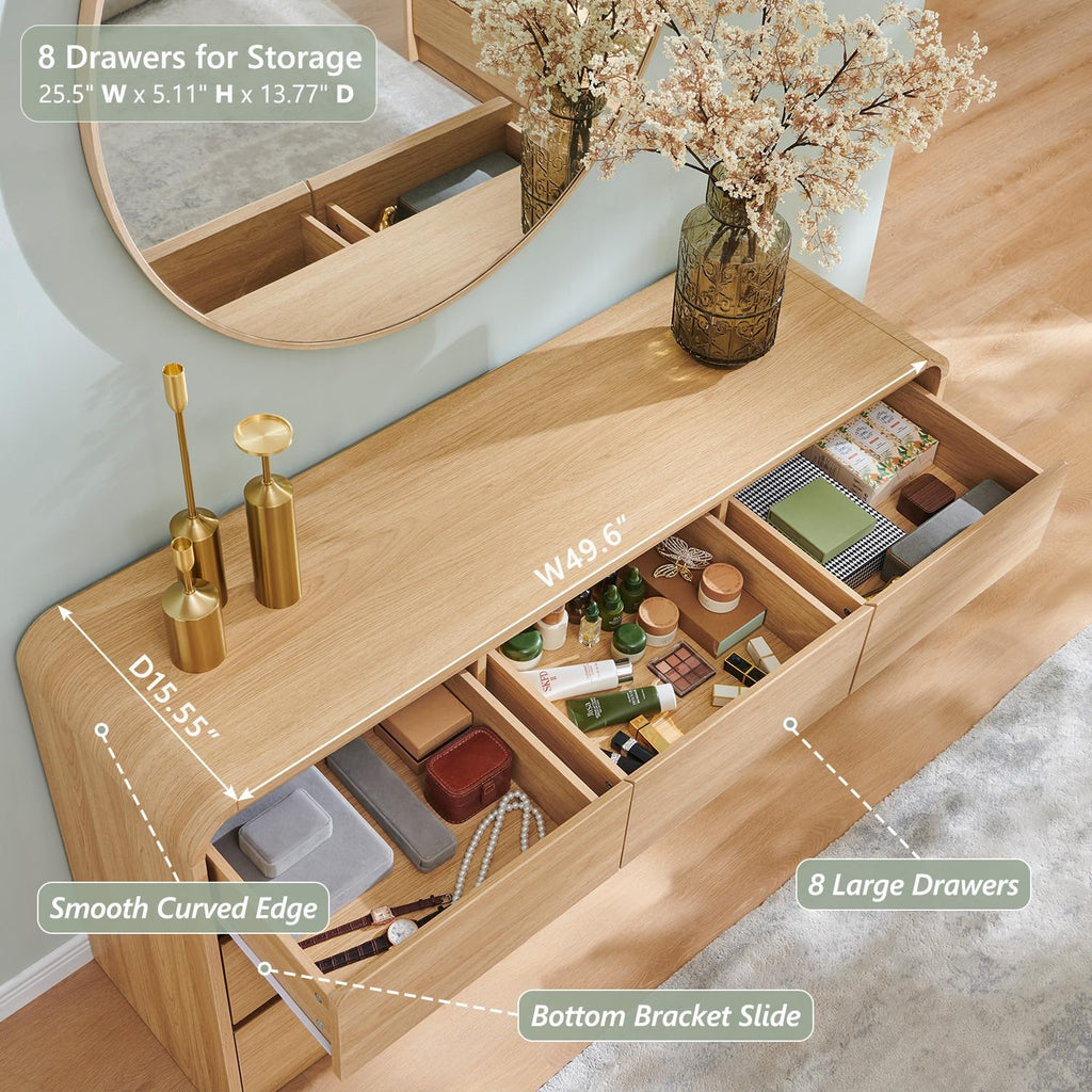 Aitjunz Modern 8 Drawers Dresser for Bedroom, 55" Wide Dressers & Chest of Drawers w/Curved Profile Design, Wood Mid Century Storage Dressers Organizer for Bedroom, Living Room, Natural Oak