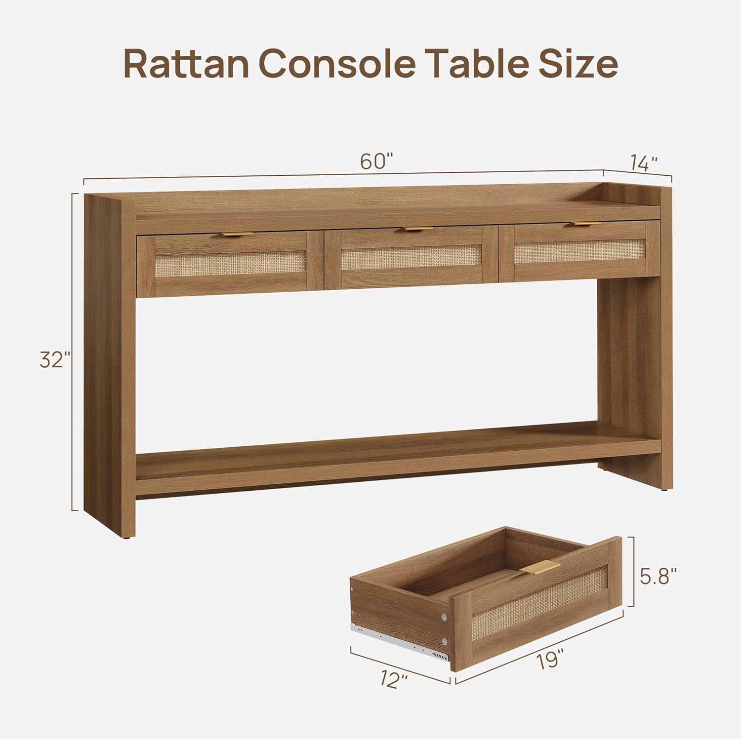 SICOTAS 60" Rattan Console Table for Entryway - Farmhouse Entry Table Sofa Table with 3 Drawers, Narrow TV Console Table with Storage for Living Room, Hallway, Couch, Foyer