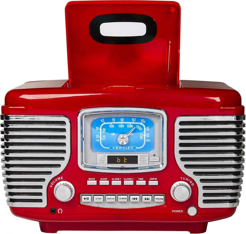 Crosley CR612B-RE Corsair Retro AM/FM Alarm Clock Radio and CD Player with Stereo Bluetooth Speakers, Red