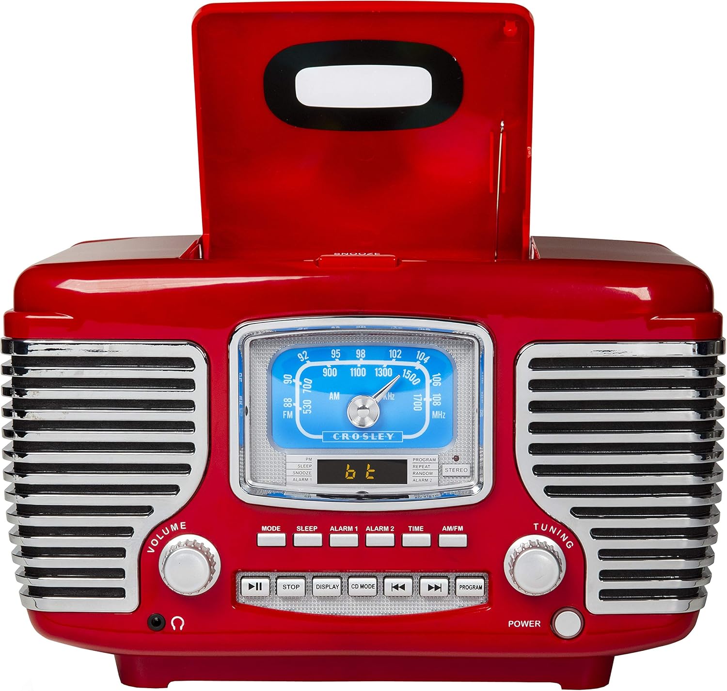 Crosley CR612B-RE Corsair Retro AM/FM Alarm Clock Radio and CD Player with Stereo Bluetooth Speakers, Red