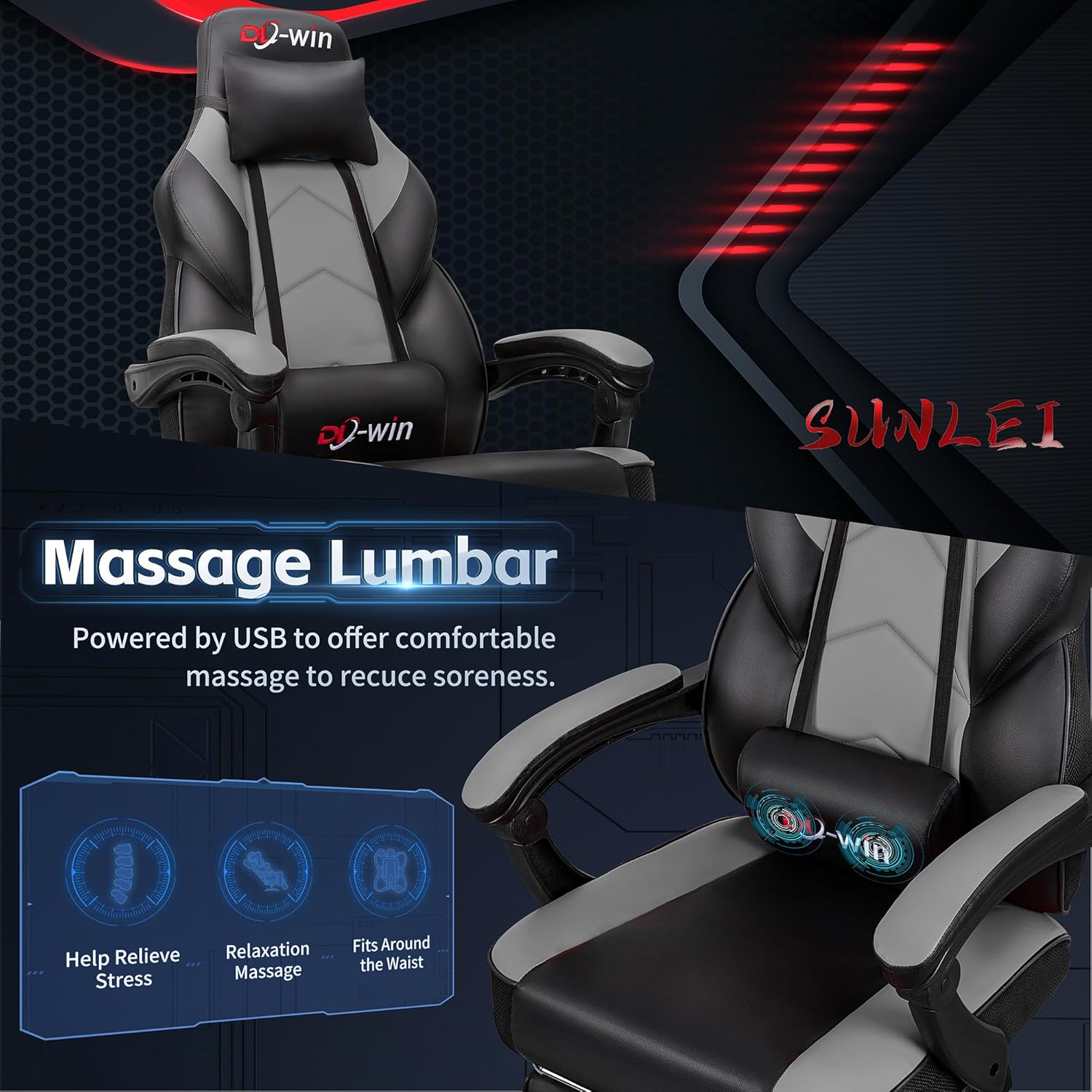 DL-win Gaming Chairs for Adults, Computer Chair with Footrest and High Back, Big and Tall Gamer Chair's with Massage Lumbar Support, 360° Swivel Height Adjustable Gaming Chair, Grey