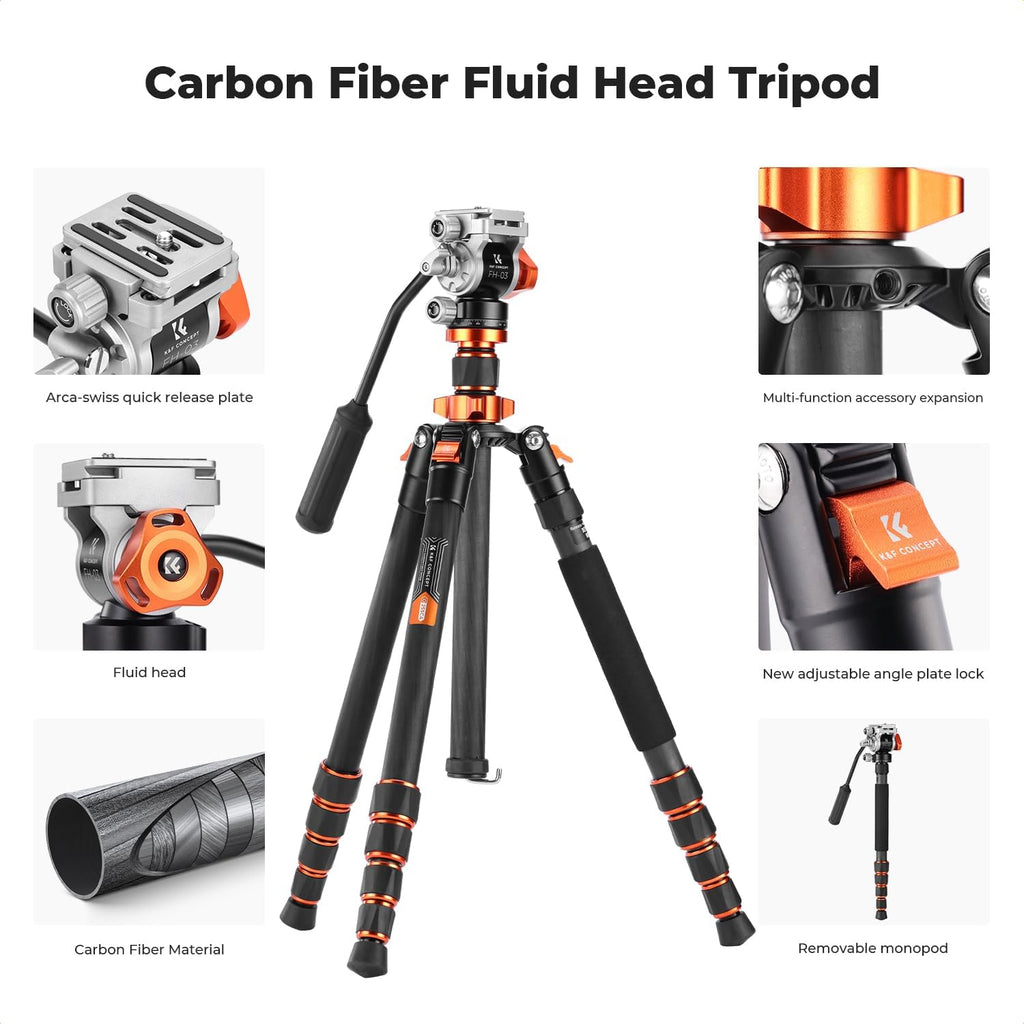 K&F CONCEPT Tripod for Camera .68'' Carbon Fiber Tripod with Fluid Head Max Load 11lb, Lightweight DSLR Camera Tripods & Monopods for Canon Sony Nikon.