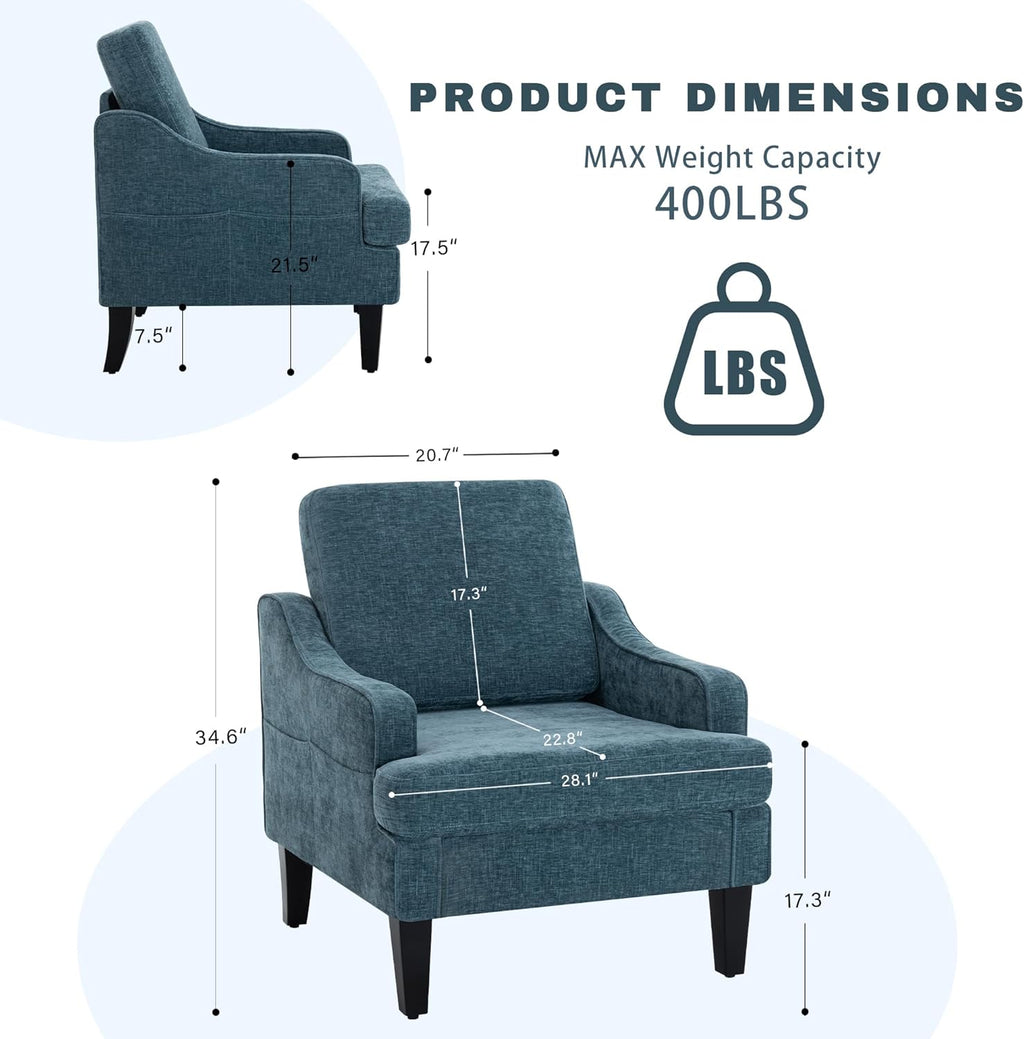 Set of 2 Accent Chair for Living Room,Mid-Century Arm Chair Chenille Fabric Living Room Chairs,Upholstered Reading Chair for Bedroom,Single Sofa Chair with Wood Legs for Apartment (Blue)