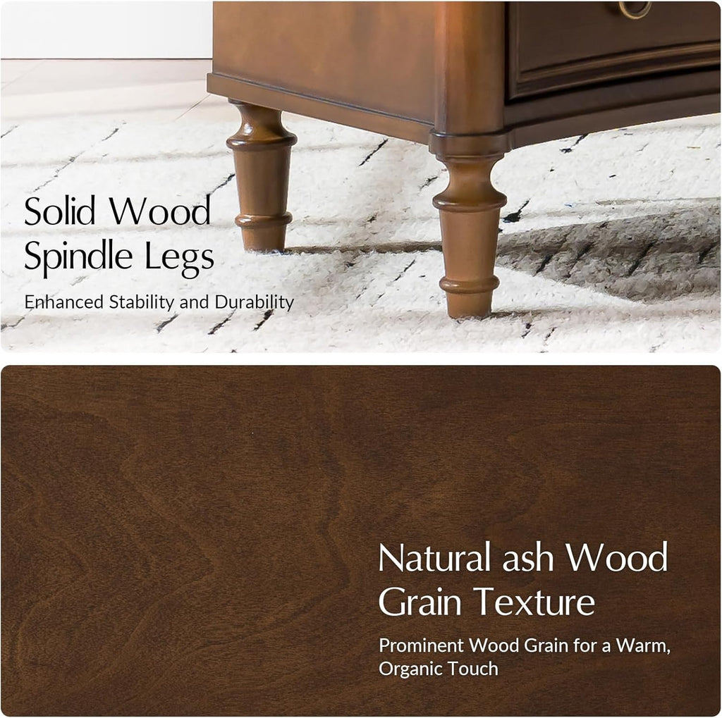 HULALA HOME 3 Drawer End Tables Set of 2 with Charging Station, 26" Wide Endtables with Solid Wood Legs and Curved Profile, Classic Side Tables for Living Room, Walnut