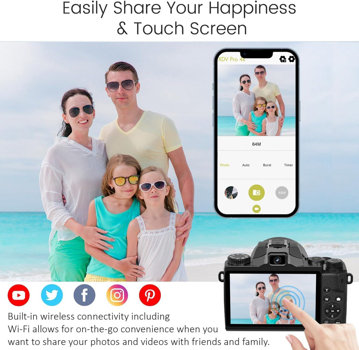 8K Digital Camera, 64MP WiFi Cameras for Photography with 4" Touchscreen, 16X Zoom Autofocus Professional Dual Camera, 3000MAh Battery, 32GB TF Card, Flash, Lens Hood