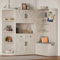 79" Multifunctional Hall Cabinet with Hooks & Storage, Left-Right Combination Entryway Organizer with Bench, 5 Cabinets, 8 Shelves, Space-Saving Mudroom Coat Rack Cabinet,Beige