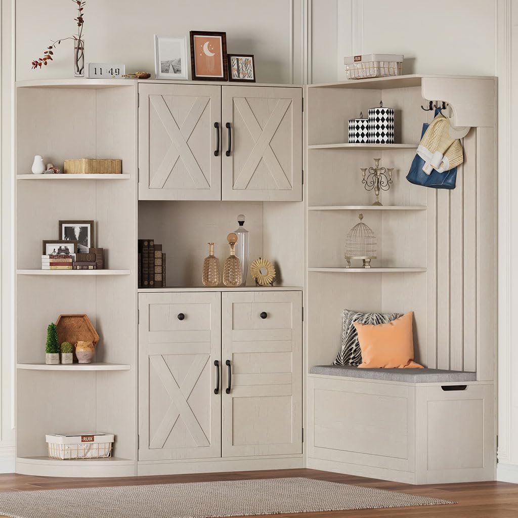 79" Multifunctional Hall Cabinet with Hooks & Storage, Left-Right Combination Entryway Organizer with Bench, 5 Cabinets, 8 Shelves, Space-Saving Mudroom Coat Rack Cabinet,Beige
