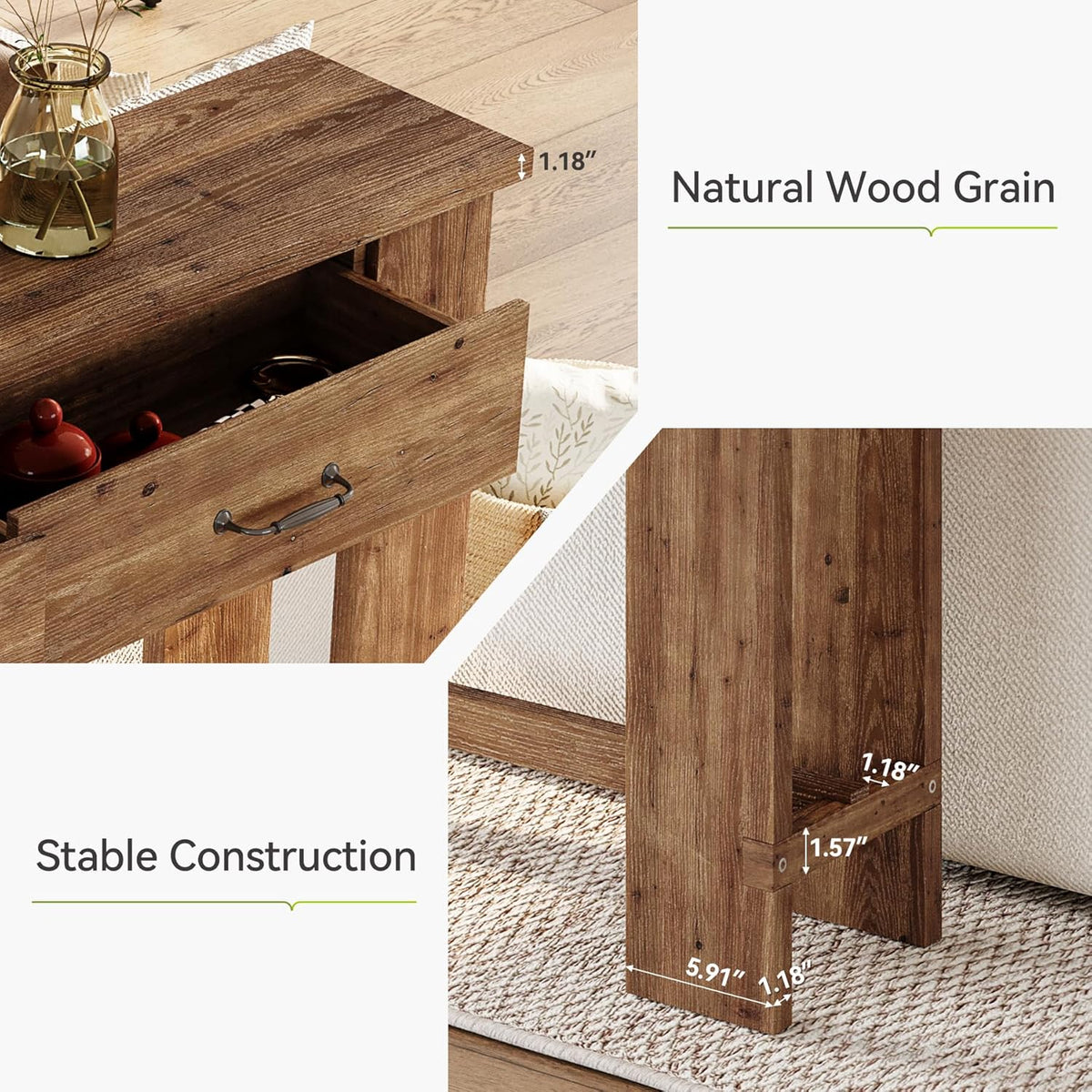 LITTLE TREE 63-Inch Solid Wood Console Table, Farmhouse Entryway Table with 2 Drawers, Narrow Sofa Table for Entryway, Hallway, Living Room, Foyer, Behind Couch