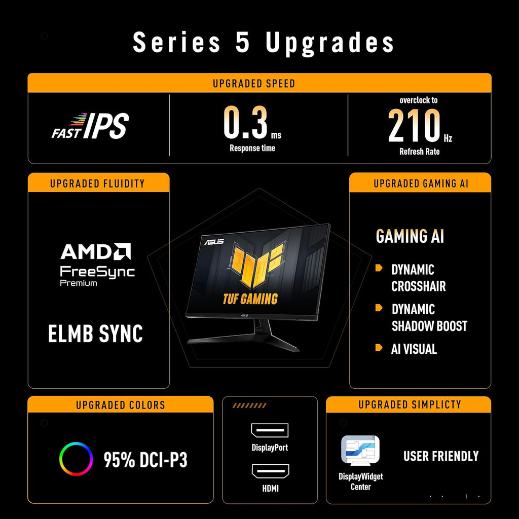 ASUS TUF Gaming 27” 1440P Monitor (VG27AQL5A) – QHD (2560 x 1440), 210Hz, 0.3ms, Fast IPS, Extreme Low Motion Blur Sync, Speakers, DisplayWidget Center, Gaming AI, Height Adjustment, 3 yr Warranty