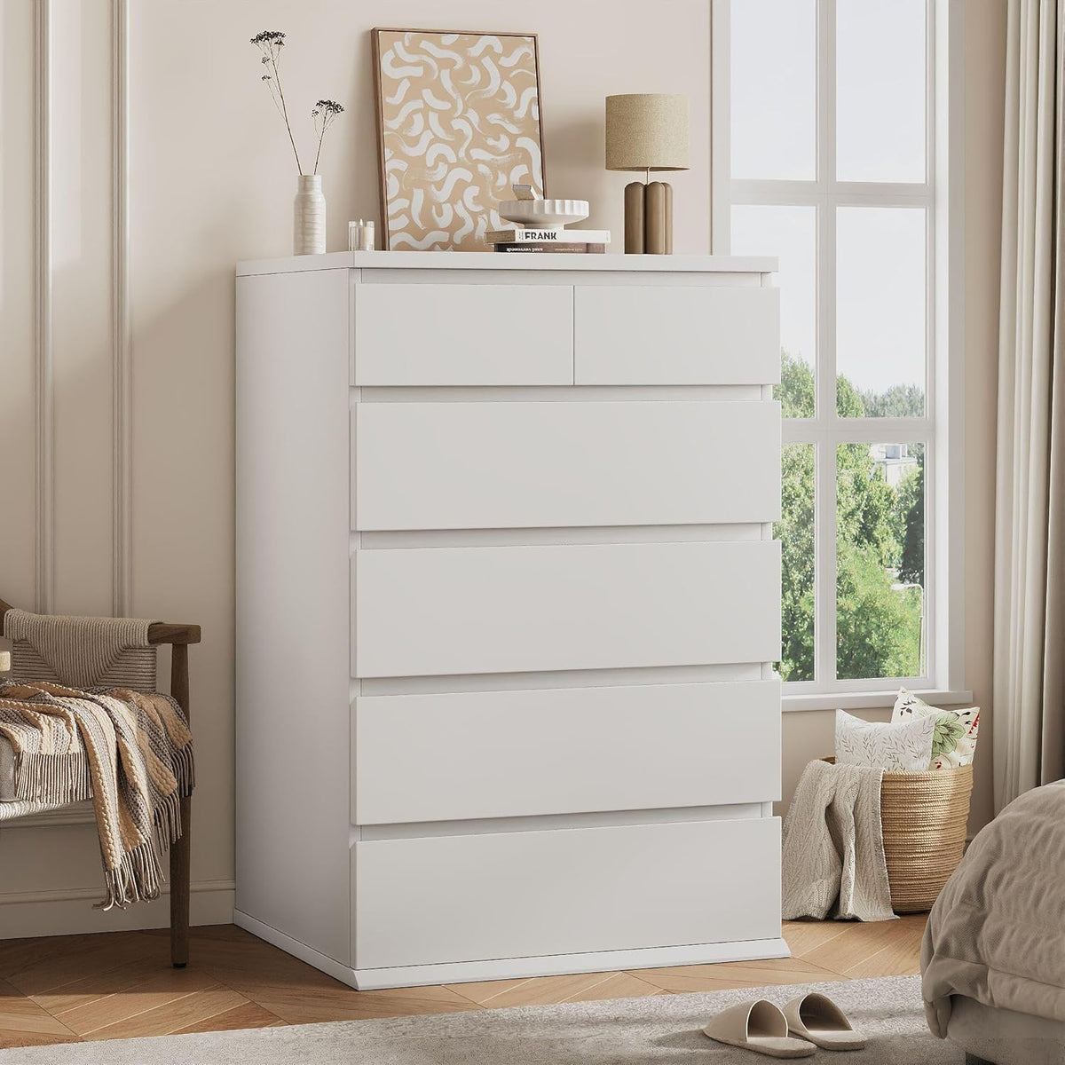 Jocoevol White Tall 6 Drawer Dresser for Bedroom,Dressers & Chests of Drawers with Jewelry Storage,Wood Storage Dresser with Deep Drawers for Living Room Hallway Entryway(40.75" L*23.62" W*15.75")