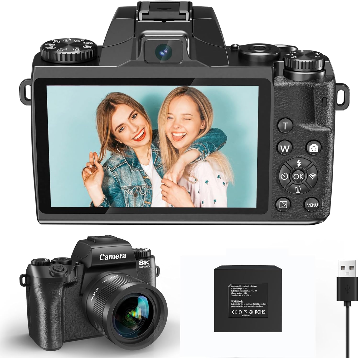 8K Digital Camera for Photography, WiFi & 4" Touch Screen Vlogging Camera for YouTube with Dual-Lens, 64MP Vlog Cameras 16X Digital Zoom with 32GB TF Card, 3000mAh Battery, Lens Hood, Black
