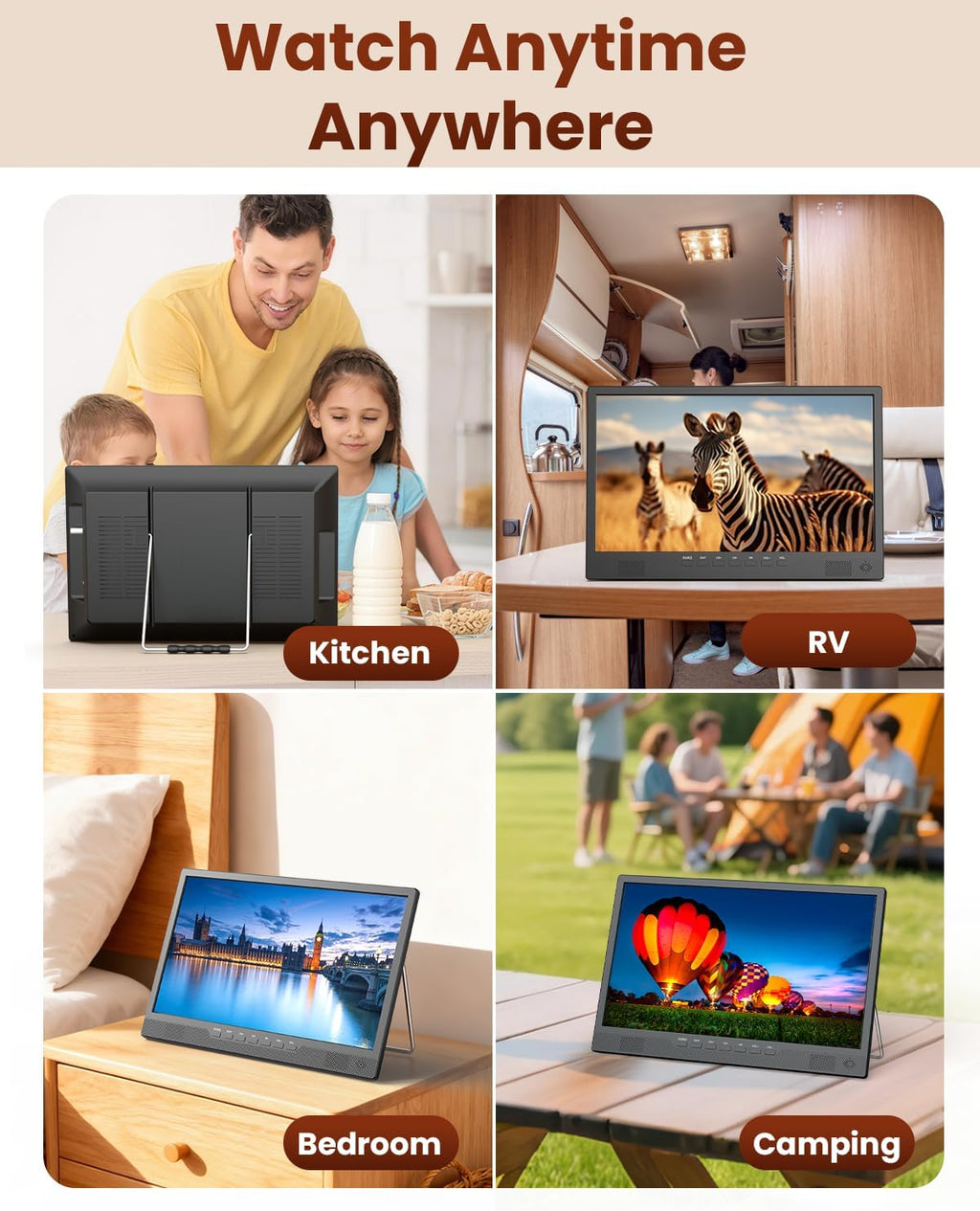 Desobry 16 Inch Small Smart TV - LCD Small Kitchen TV with WiFi, Bulit-in 180°Adjustable Stand/ATSC Tuner/HDMI/AV/USB for Camping, Bedroom, RV, Patio, Indoor & Outdoor Use