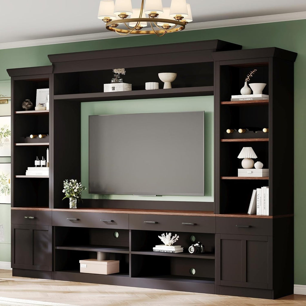 Merax Minimalist Entertainment Wall Unit Set with Ample Storage Space and Adjustable Shelves, TV Stand for Televisions Up to 70'', Mid-Century Large Media Console with Wine Rack for Living Room, Black