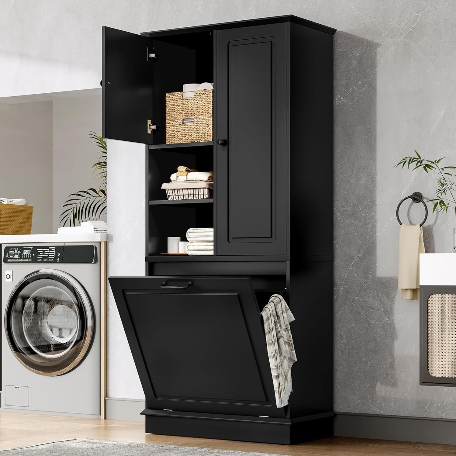 Virubi Tall Laundry Cabinet with Tilt Out Hamper, Doors, and Adjustable Shelves,Wood Laundry Room Cabinets,for Bathroom Storage Organization, Freestanding (Black)