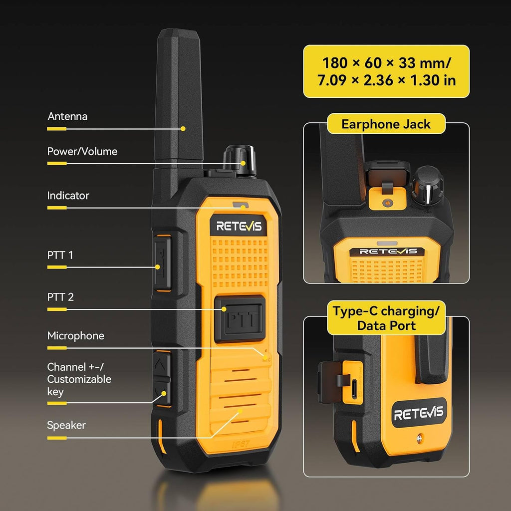 Retevis RB48A IP67 Waterproof Walkie Talkies Long Range Adults, Heavy Duty 2 Way Radio, Noise Reduction, Large PTT, 1000mW Speaker, 23-Hour, Rechargeable, for Manufacturing Construction (10 Pack)