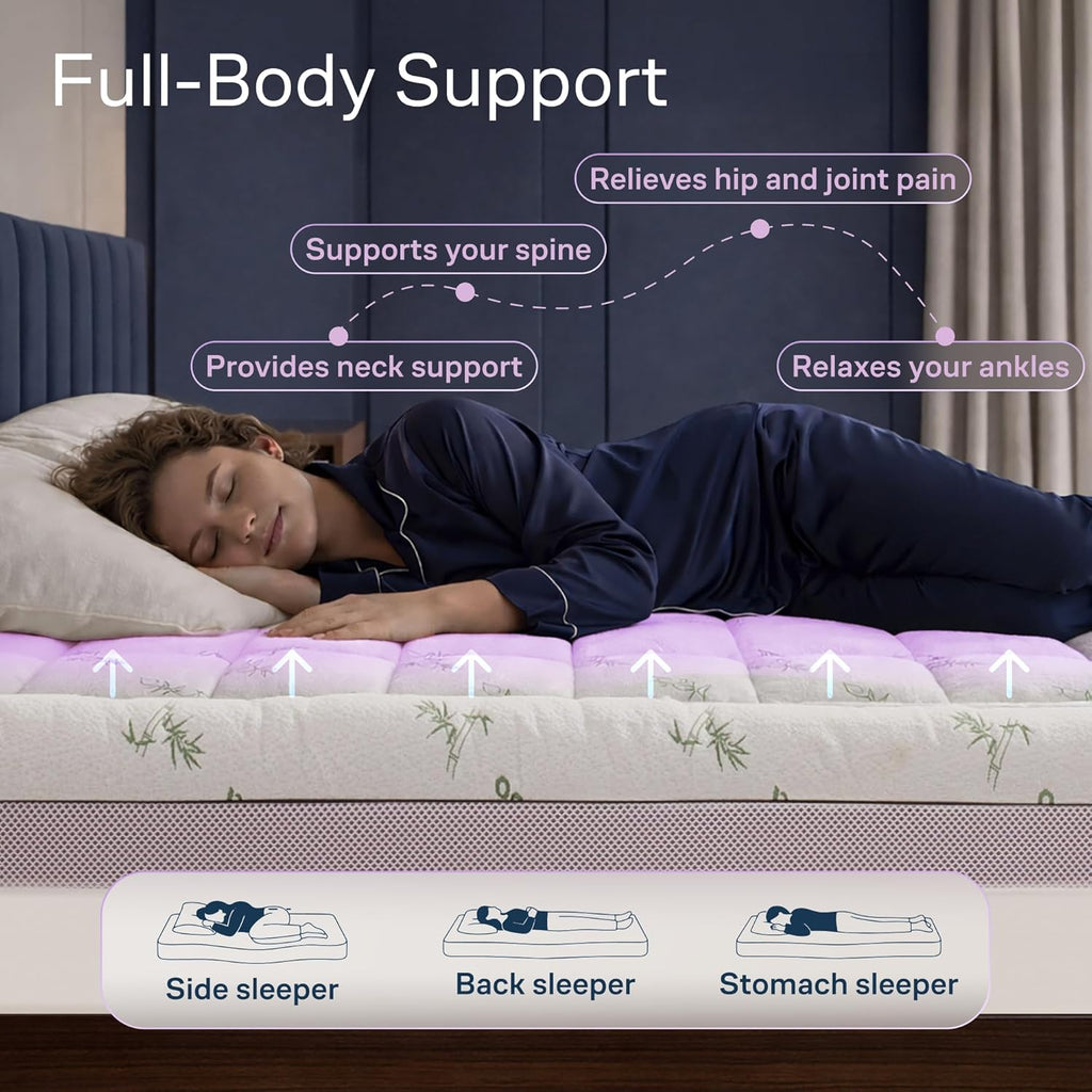 Dual-Layer 4 Inch Queen Size Mattress Topper - 2” Memory Foam + 2” Viscose Made from Bamboo Mattress Pad - Double the Comfort & Back Support - Removable & Machine-Washable Cover, Green