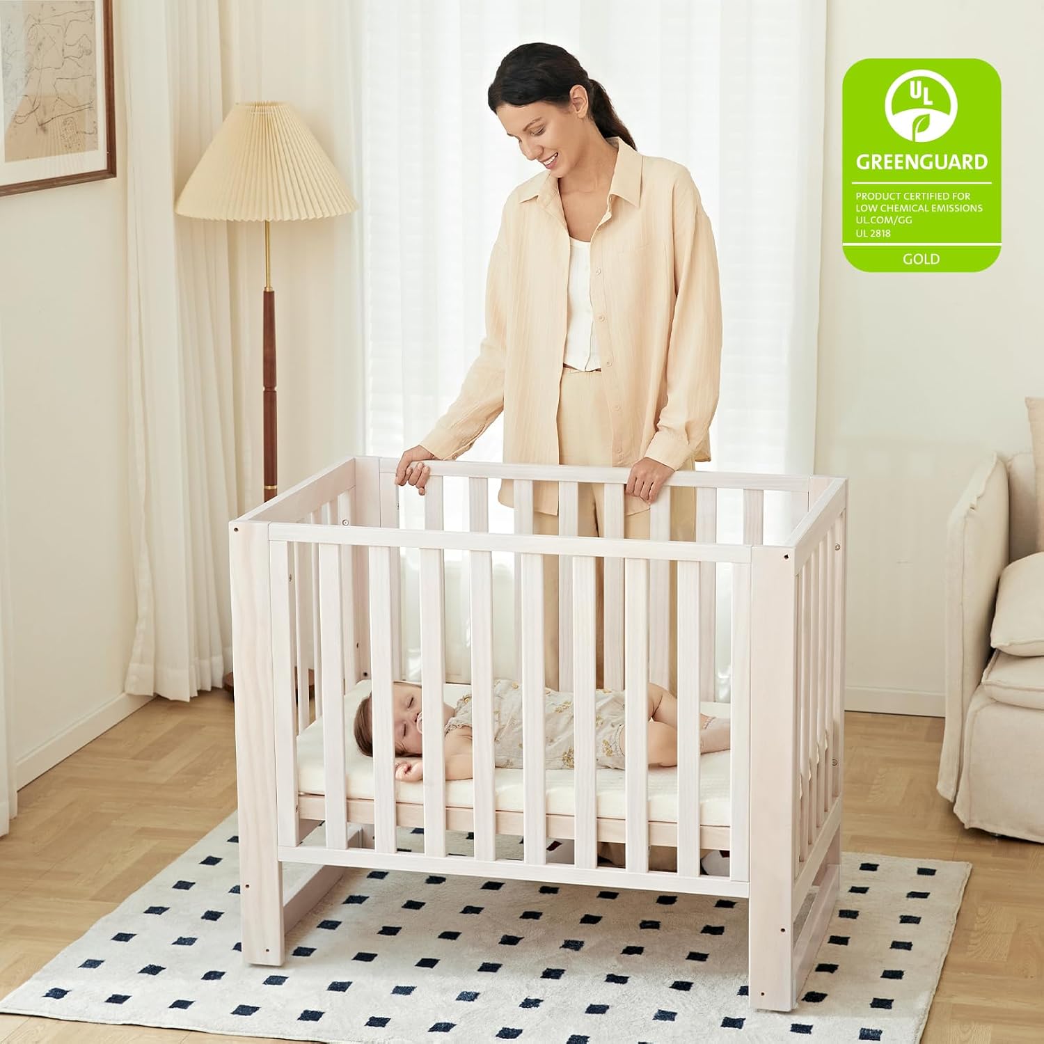 MAMAZING EvoNest Baby Crib, 3 in 1 Convertible Mini Crib with Wheels, 100% New Zealand Wood Crib, 4 Adjustable Mattress Height, GREENGUARD Gold Certified, Washed Natural