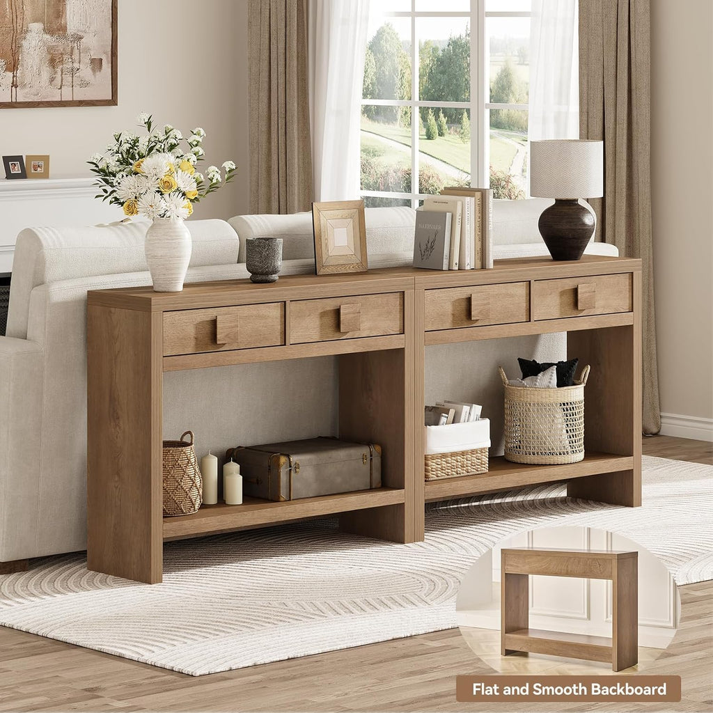 ONBRILL Console Table with Drawers, 40 Inch Narrow Entryway Table with Open Storage Shelves, Mid Century Modern Hallway Accent Tables Behind Couch Table for Living Room (Natural Oak)