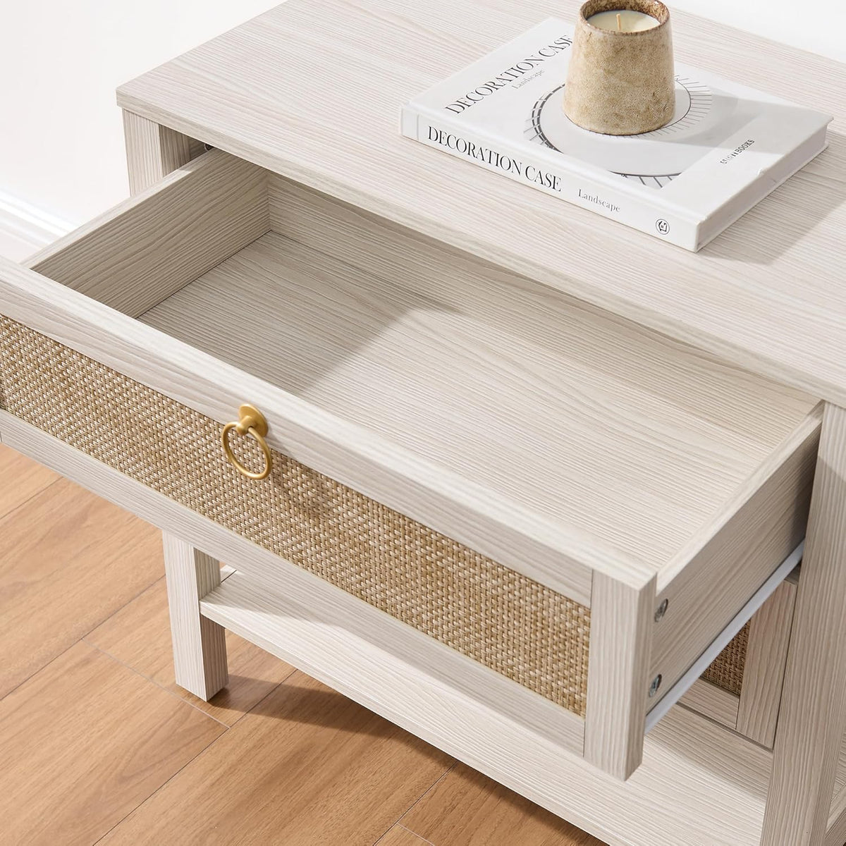 SICOTAS 26.7" Wide Boho Rattan Nightstand, White Oak Bedside Table with 2 Drawers & Open Shelf, Large Side Table for King Size Bed, Modern Coastal Accent Table for Bedroom