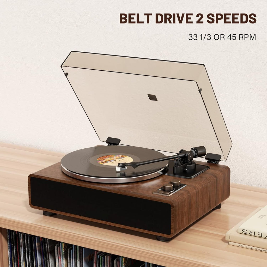 FEKTIK Vinyl Record Player with Magnetic Cartridge,High Fidelity Belt Drive Turntable with Built-in Speakers, Bluetooth Playback and Aux-in Functionality, Auto Off