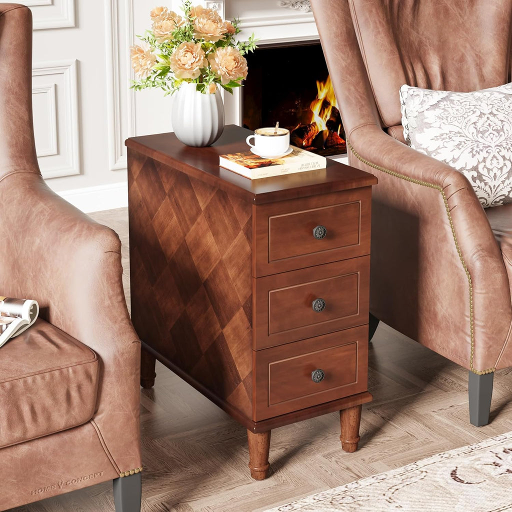 LITTLE TREE Fully Assembled End Table, Narrow Side Table with 3 Drawers, Pre-Assembled Nightstand Slim Bedside Table for Small Spaces, Living Room, Bedroom, Brown
